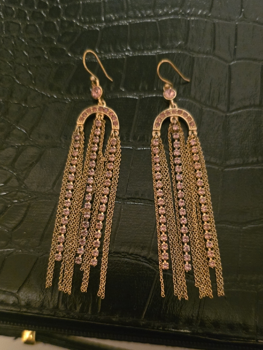 Gold-Tone Pink Crystal Fringe Earrings - Women Jewelry